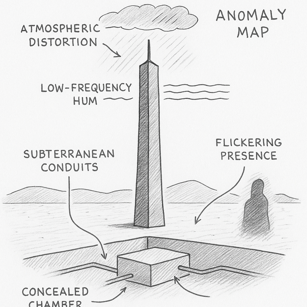 Anomaly map sketch showing a vertical tower with marked features: atmospheric distortion above, low-frequency hum at the base, subterranean conduits, a concealed chamber, and a flickering presence at the periphery.