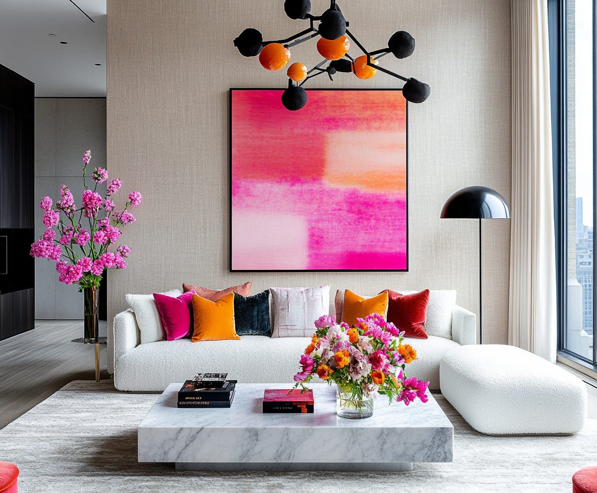 stunning modern lounge with white sofa, linen wallppaer, and cushions in hot pink and ornange, with wall art in pink and orange, plush design interiors adelaide