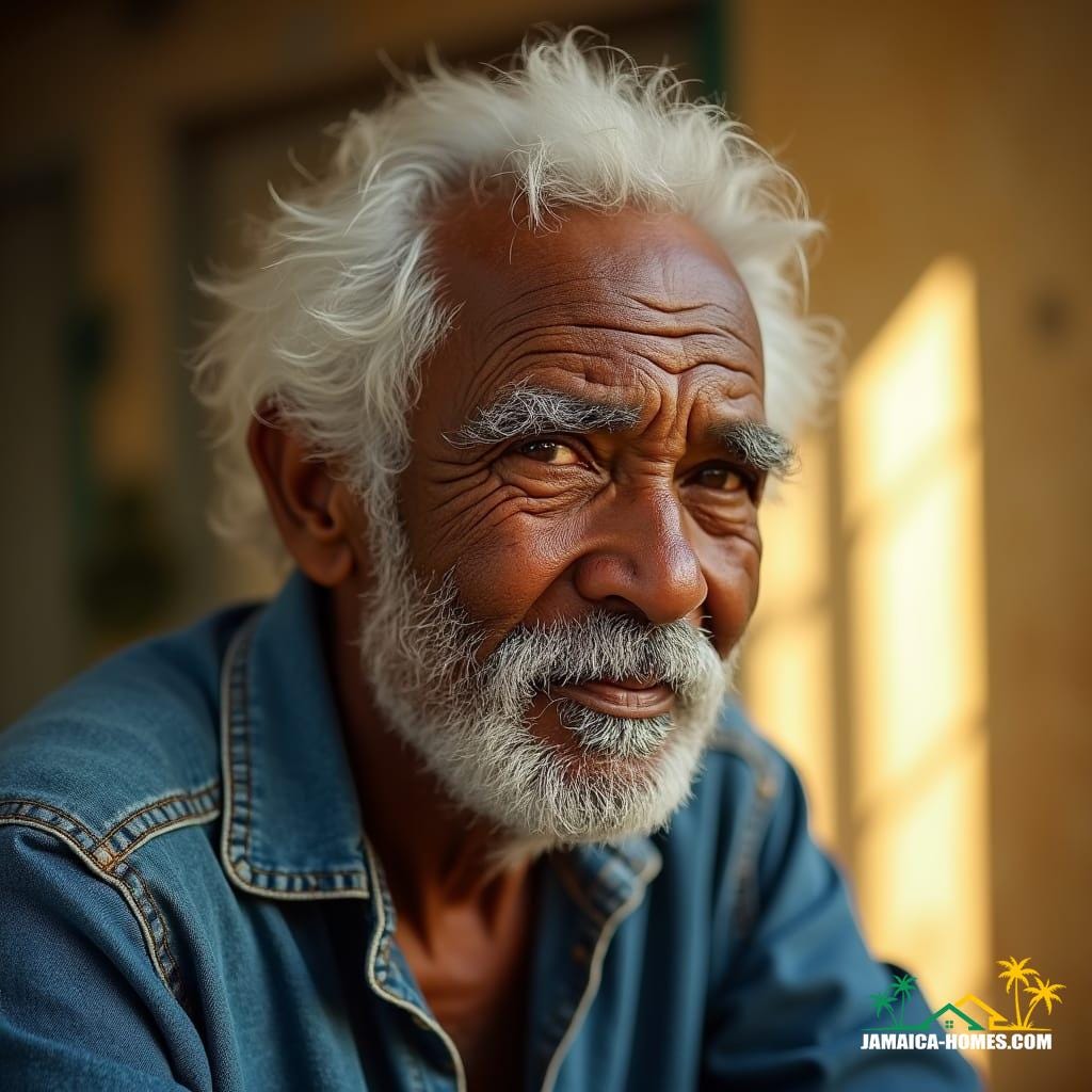 A close-up portrait of a venerable Jamaican architect, his face etched with age and wisdom, set against the warm, golden light of day. His weathered skin and wispy white hair are illuminated by the soft, cinematic glow of natural light, accentuated by subtle vignetting and a warm color grade reminiscent of 35mm film