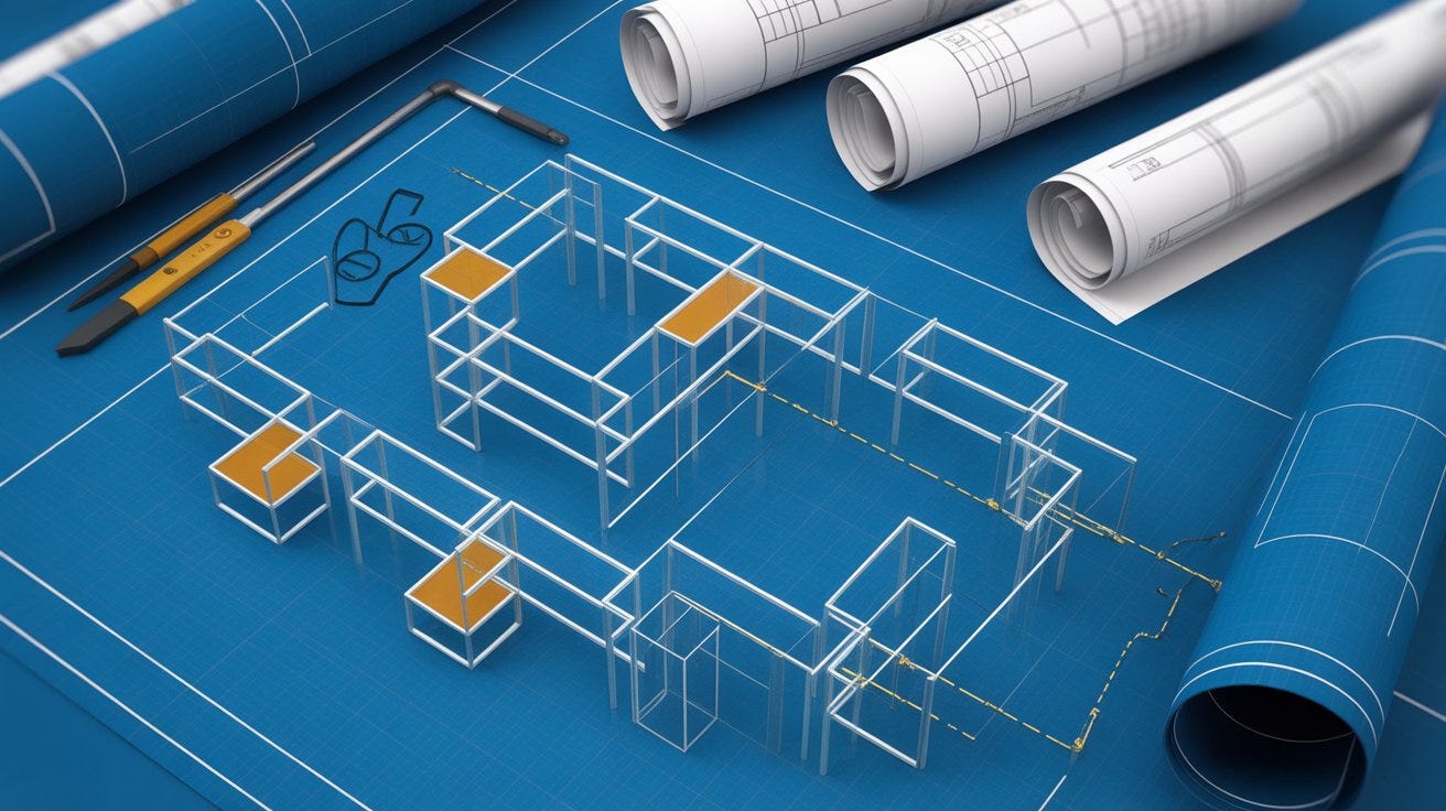 Architectural blueprint style illustration showing a strategic framework being constructed. Clean geometric shapes forming permission structures, decision pathways, and escalation routes.