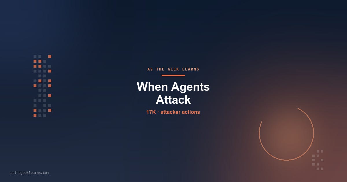 As The Geek Learns cover reading 'When Agents Attack' with a 17K attacker-actions stat, on a dark navy background with an orange accent glow.