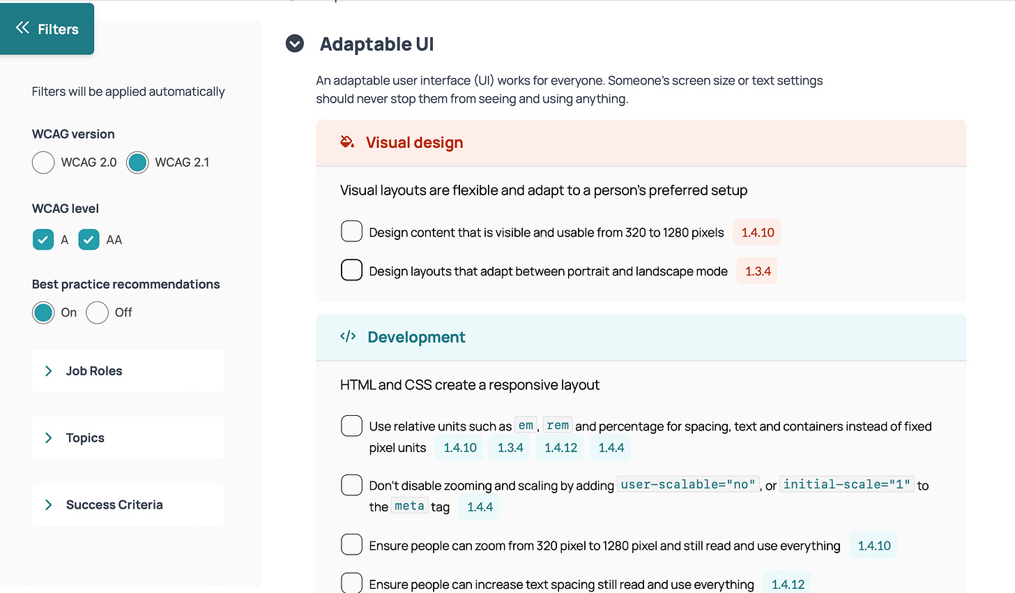 Not a Checklist, an interactive checklist of accessibility standards with filters by ht WCAG roles, levels, and topics