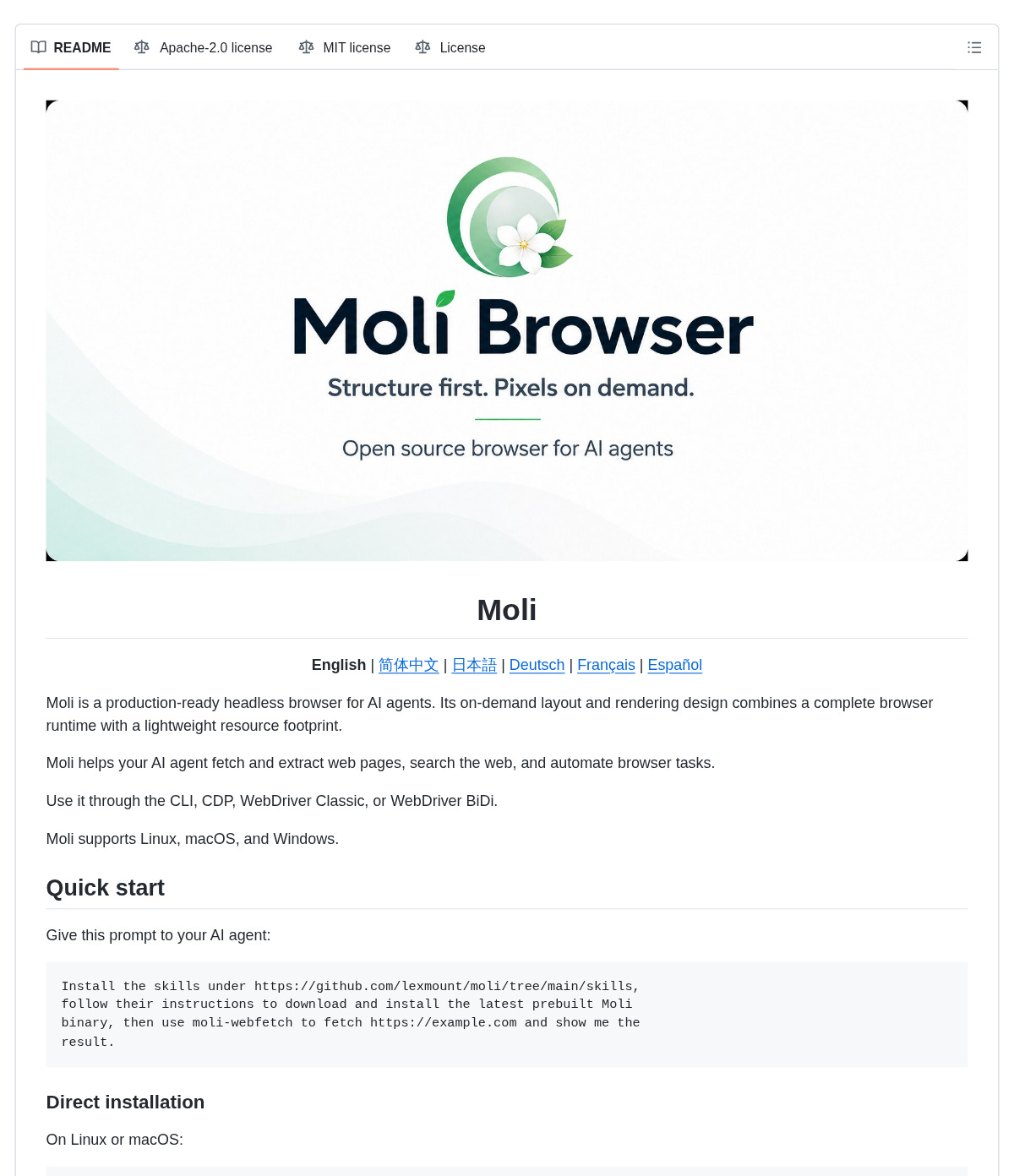 Screenshot or cover image for lexmount/moli Screenshot or cover image for lexmount/moli