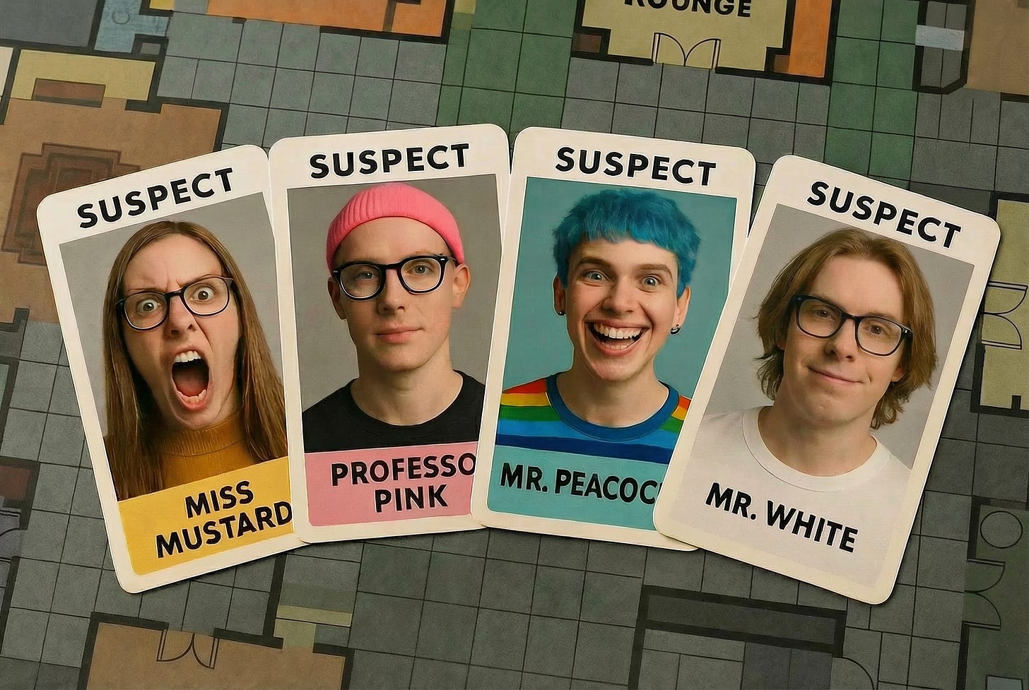 4 suspect cards lying on the Clue game board, depicting young, radical activists that have replaced the traditional Clue suspects. Their names are Miss Mustard, Professor Pink, Mr. Peacock, and Mr. White. 4 suspect cards lying on the Clue game board, depicting young, radical activists that have replaced the traditional Clue suspects. Their names are Miss Mustard, Professor Pink, Mr. Peacock, and Mr. White.