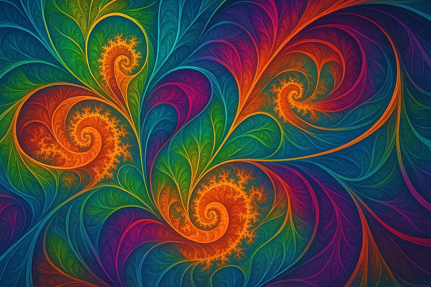 A vivid digital artwork of interwoven fractal spirals in rich colors, blending fiery oranges and yellows with deep greens, blues, and purples. The design features organic, leaf-like curves radiating from multiple swirling centers, creating a sense of flowing movement and interconnected patterns.