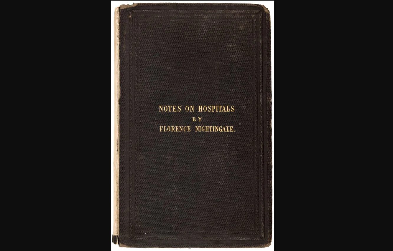 Cover of the first edition of Notes on Hospitals, featuring gold uppercase serif font over a black leatherbound cover Cover of the first edition of Notes on Hospitals, featuring gold uppercase serif font over a black leatherbound cover