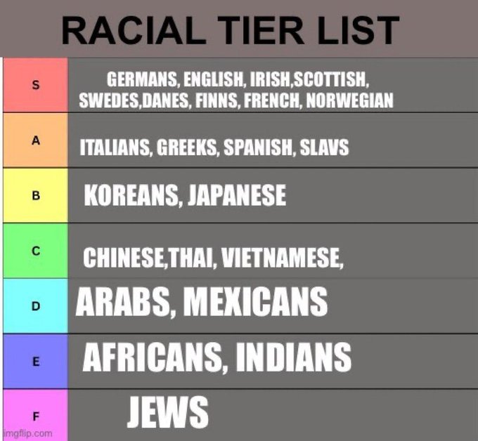 A graphic titled Racial Tier List with colored tiers from S red at top to F purple at bottom listing ethnic groups: S tier includes Germans English Irish Scottish Swedes Danes Finns French Norwegian; A tier includes Italians Greeks Spanish Slavs; B tier includes Koreans Japanese; C tier includes Chinese Thai Vietnamese; D tier includes Arabs Mexicans; F tier includes Africans Indians Jews.