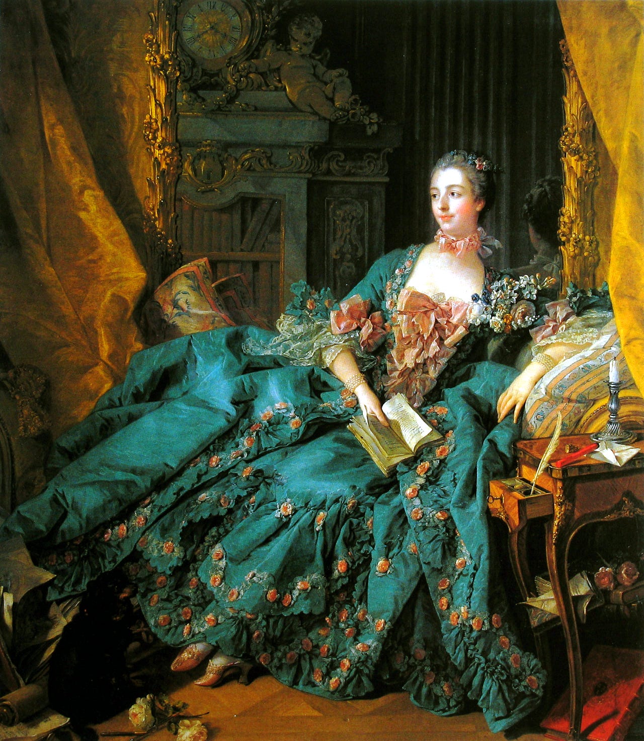 Madame de Pompadour seated in an elaborate pink and cream gown surrounded by books Madame de Pompadour seated in an elaborate pink and cream gown surrounded by books