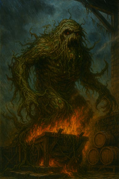 A dark fantasy scene of a druid transforming into a shambling mound inside the loading dock of the Wizard of Wines Winery. The druid stands on a raised wooden platform, his body bulging and twisting as vines erupt from his skin. His antler crown cracks and merges into the growing mass. Moss and razorvine coil around his limbs as his staff shatters, releasing green energy. The transformation is grotesque—his form expands into a hulking mound of bark, sap, and writhing plant matter. The background shows the ruined dock, with broken barrels, creeping vines, and lightning flashing through a ruptured ceiling.