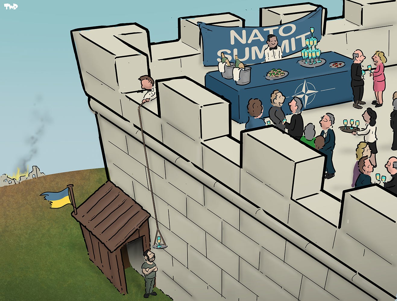 Zelensky stands outside a castle wall.  Inside the castle, well-dressed people gather at a NATO Summit under a NATO banner, drink champagne. A waiter is lowering a glass of champagne by a rope to Zelensky, who looks up angrily.