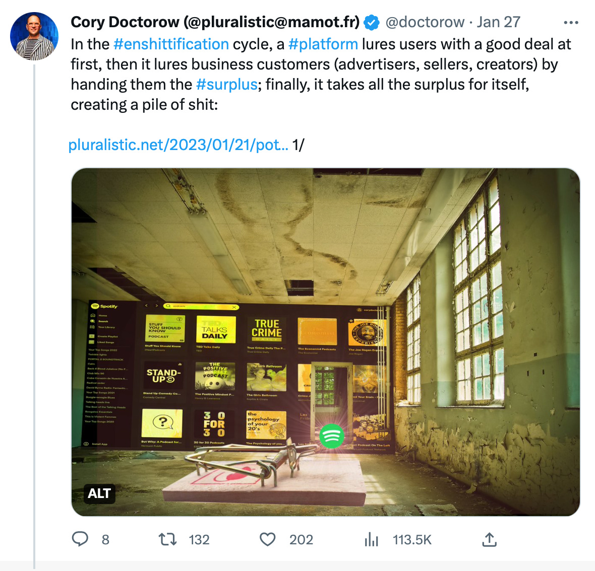 An X (formerly Twitter) post from author Corey Doctorow briefly summarizing his enshittification thesis, where platforms slowly morph from serving the needs of users to serving only shareholders at the expense of their users