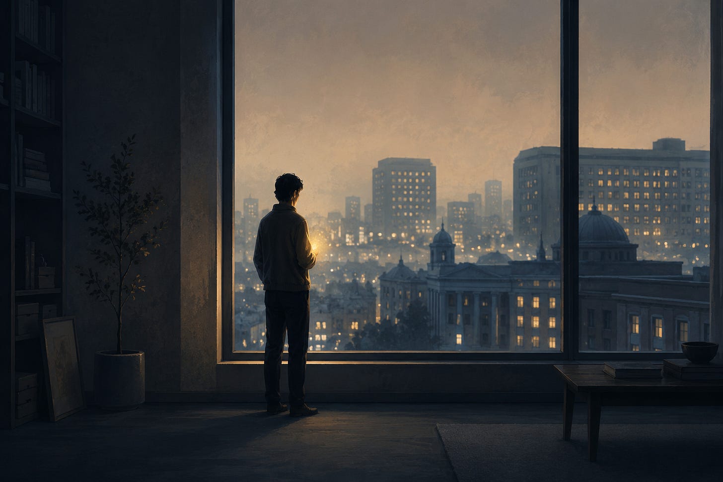 A solitary figure standing by a large window, looking toward a distant city, with warm light suggesting inner awareness.