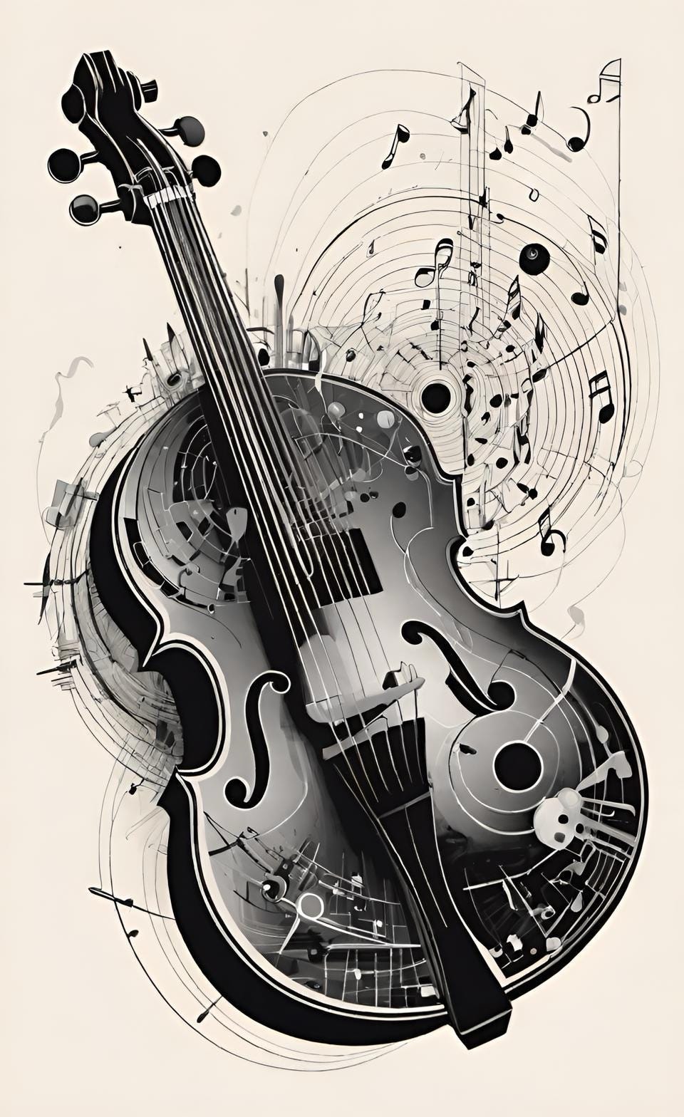 Black and white illustration of a stringed instrument overlayed with a musically-themed diagram. Created by Frank Moone using Dream.AI.