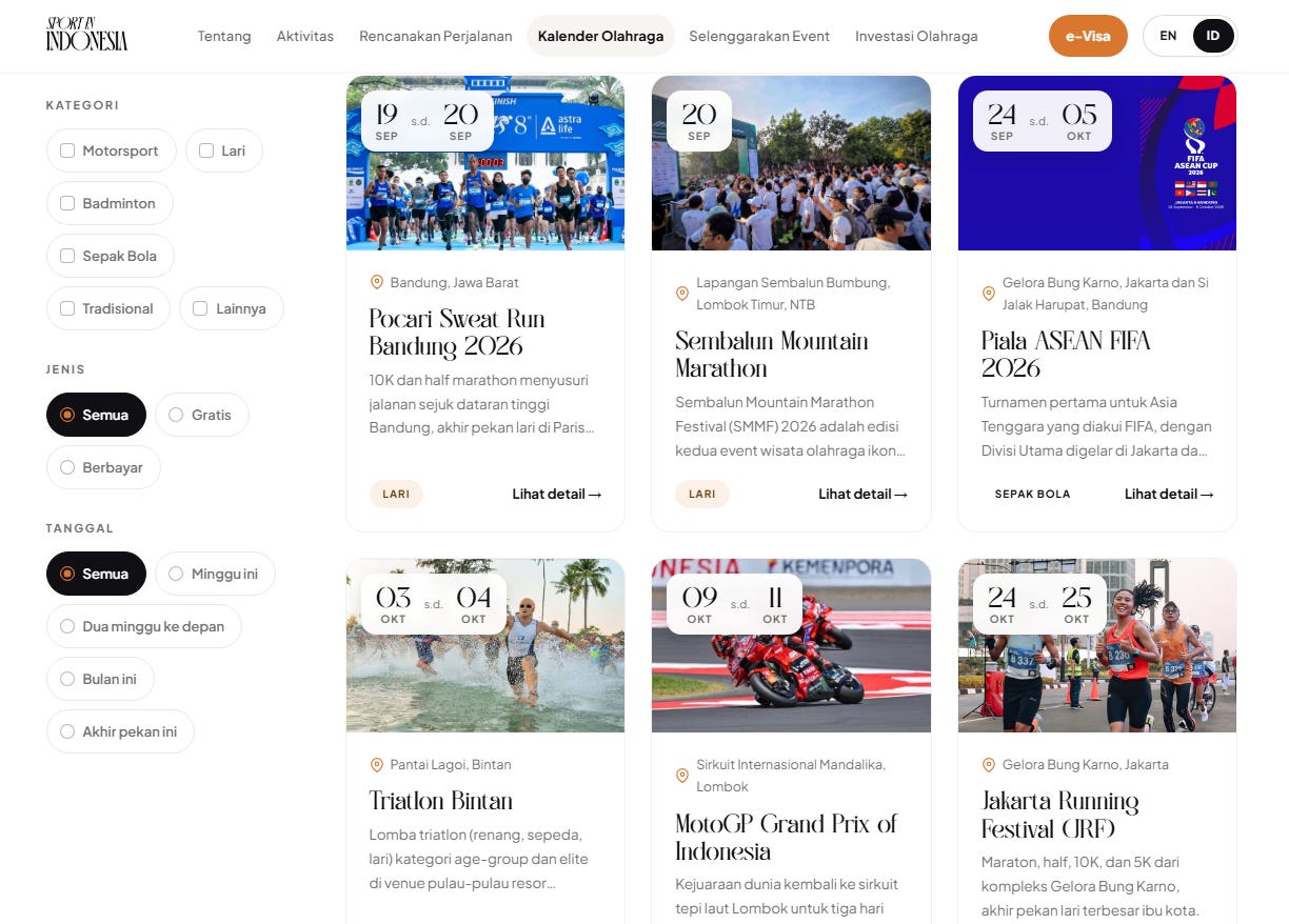 Several upcoming sports events in Indonesia are listed on the sportinindonesia.id website Several upcoming sports events in Indonesia are listed on the sportinindonesia.id website