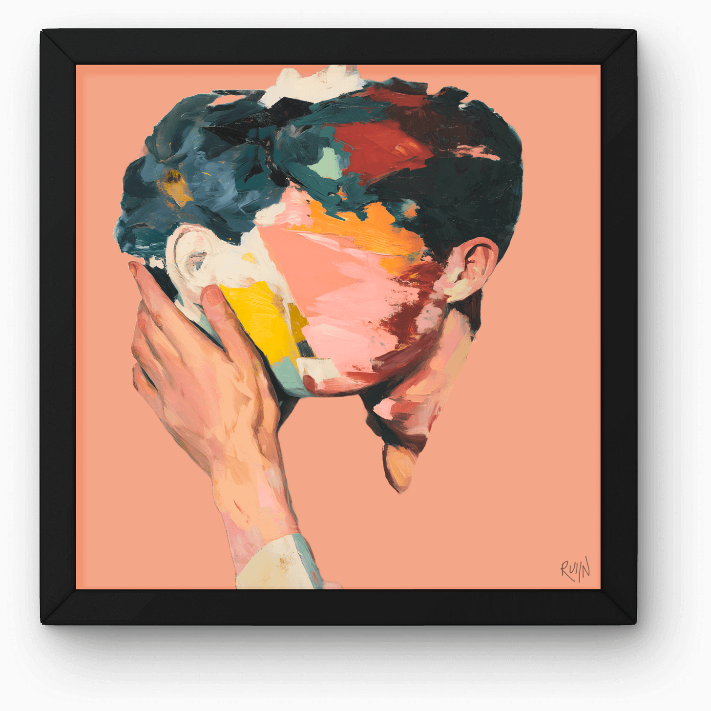 Abstract impasto oil painting titled "A Yielding on a Tuesday Morning." The artwork features a high-contrast, textured portrait of a figure being cradled by a hand, rendered in vibrant peach, teal, and crimson tones against a solid coral background.