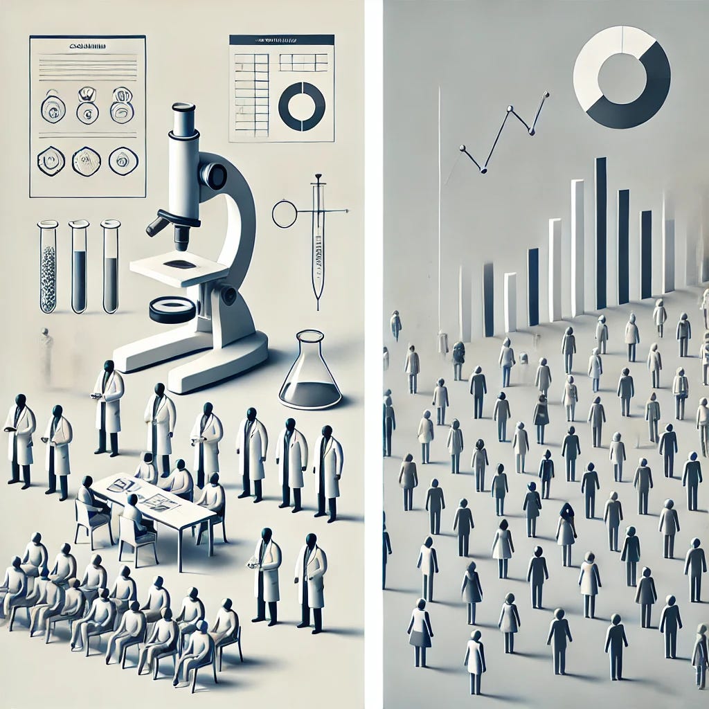A clean, sharp, and minimalist illustration with two contrasting panels. The left panel shows a small, controlled experimental study with only a few minimalist icons representing scientists (simple figures in white coats) and a small group of participants (minimal stick figures). The environment is sparse with just basic icons like a microscope and chart. The right panel features a large, diverse crowd symbolized by simple, varied stick figures. Above them, minimalist data charts or graphs float to represent large-scale data analysis. The overall style is sharp, clean, and minimalist, with very little detail.