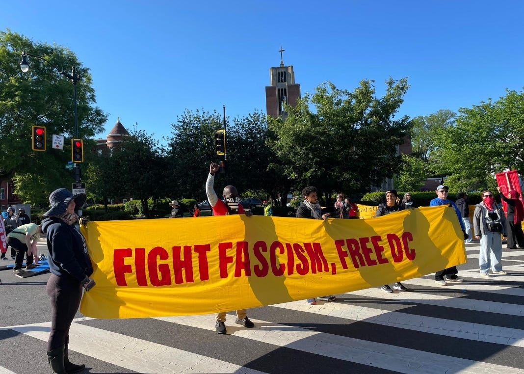 Protesters holding a banner that says "fight fascism, Free DC" stand in a crosswalk."