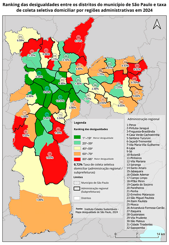 Mapa temático do município de São Paulo que relaciona o nível de desigualdade das subprefeituras com a taxa de coleta seletiva domiciliar em 2024. As cores variam do verde (menor desigualdade) ao vermelho (maior desigualdade), e cada subprefeitura apresenta sua taxa percentual de coleta seletiva. Mapa temático do município de São Paulo que relaciona o nível de desigualdade das subprefeituras com a taxa de coleta seletiva domiciliar em 2024. As cores variam do verde (menor desigualdade) ao vermelho (maior desigualdade), e cada subprefeitura apresenta sua taxa percentual de coleta seletiva.