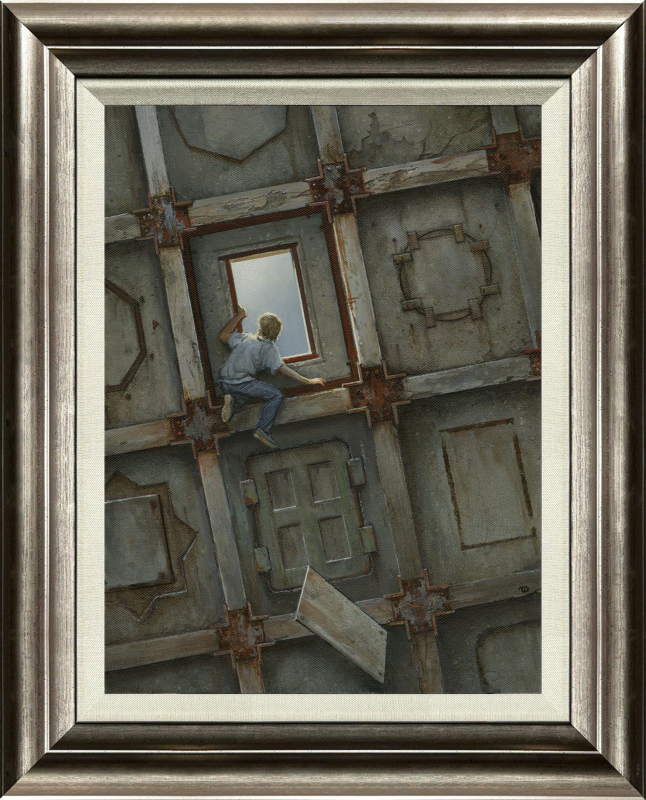 OUTLOOK (2025), Acrylic on Canvas - 12” x 9”. Framed original art in wood moulding with linen liner.   A boy rests on a ledge to peer out an open panel in a huge concrete facade that is divided into recessed rectangles. At the intersection of the concrete support beams, the cross braces rust over. Each rectangle on the wall contains a different shape (circle, hexagon, 8-pointed star) sealed and closing off the view outside. Below the boy, a panel tumbles down as he props his hand on the rusted metal frame. Beyond is blue-gray sky.