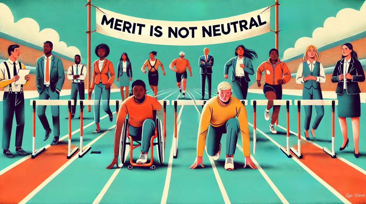 An illustrated conceptual image depicting workplace meritocracy and DEI. Two runners are at a starting line on a track. One has a completely clear path, while the other faces multiple hurdles, symbolizing systemic barriers. The runners are diverse—one is in a wheelchair, another is casually dressed, and others represent different body types and identities. A large banner overhead reads: "Merit is Not Neutral." In the background, a diverse group of professionals, including individuals of various ethnicities, abilities, and dress styles, stands together, representing the need for equitable opportunities. The image visually communicates that DEI has always been about ensuring true merit is recognized by Liza Mucheru Wisner. An illustrated conceptual image depicting workplace meritocracy and DEI. Two runners are at a starting line on a track. One has a completely clear path, while the other faces multiple hurdles, symbolizing systemic barriers. The runners are diverse—one is in a wheelchair, another is casually dressed, and others represent different body types and identities. A large banner overhead reads: "Merit is Not Neutral." In the background, a diverse group of professionals, including individuals of various ethnicities, abilities, and dress styles, stands together, representing the need for equitable opportunities. The image visually communicates that DEI has always been about ensuring true merit is recognized by Liza Mucheru Wisner.