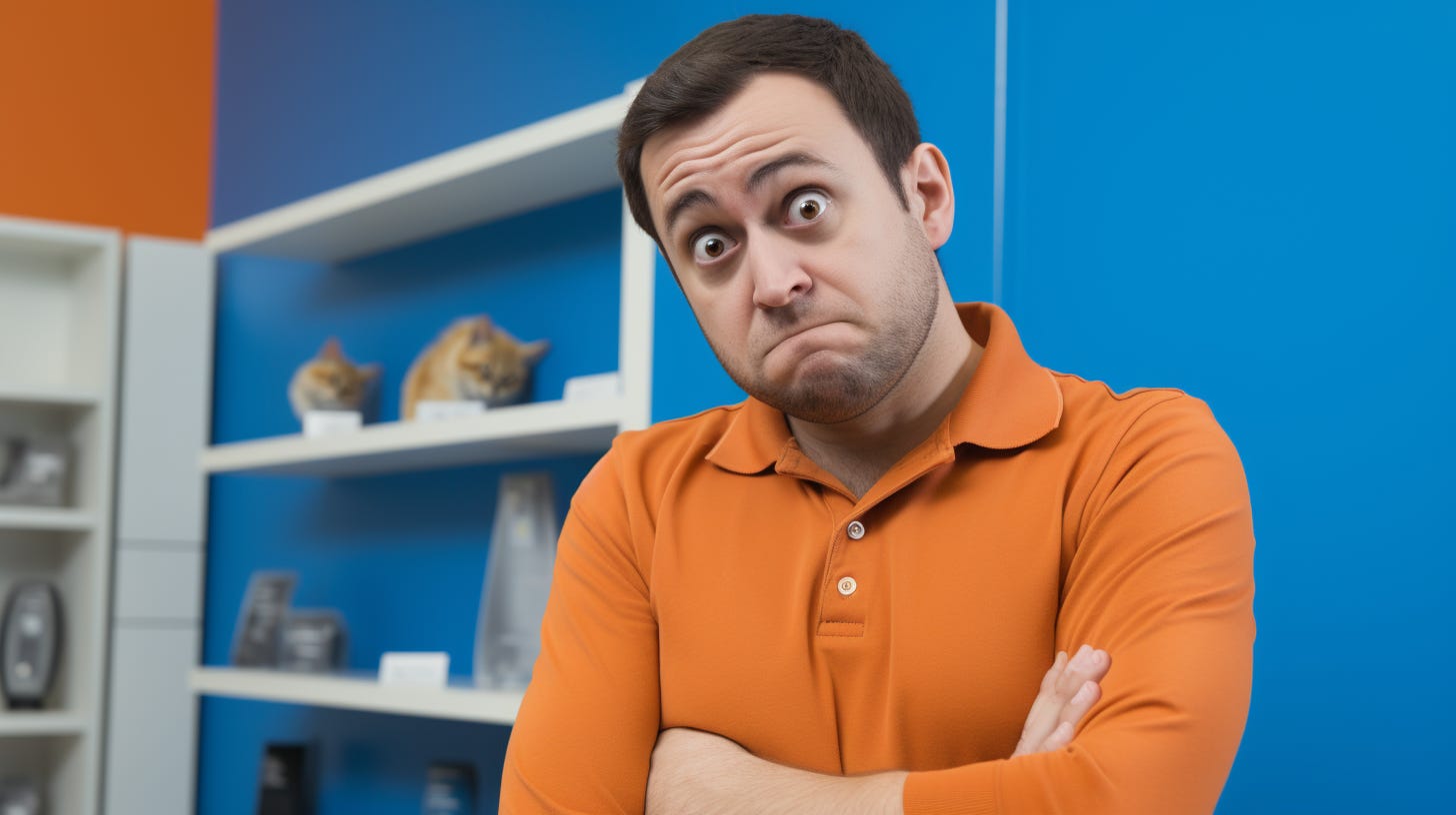 Midjourney prompt: a frustrated customer, colors of Burnt Orange and Air Superiority Blue --no airplanes --ar 16:9 Midjourney prompt: a frustrated customer, colors of Burnt Orange and Air Superiority Blue --no airplanes --ar 16:9