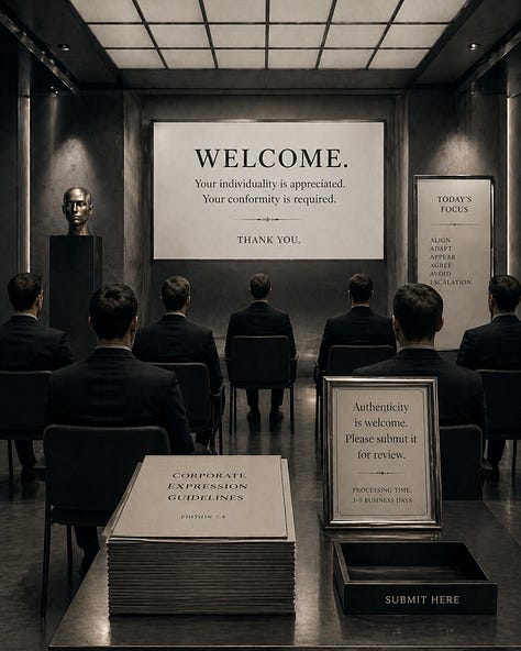 A nine-image satirical visual essay showing sleek, dark corporate and institutional interiors where signs instruct people to standardize their thoughts, revise themselves before speaking, submit unformatted thoughts, filter their tone, pre-approve authenticity, and keep grief within acceptable dimensions. The images use polished counters, velvet ropes, kiosks, chapel-like rooms, waiting areas, and bureaucratic signage to portray emotional and creative expression being managed, reviewed, and controlled.