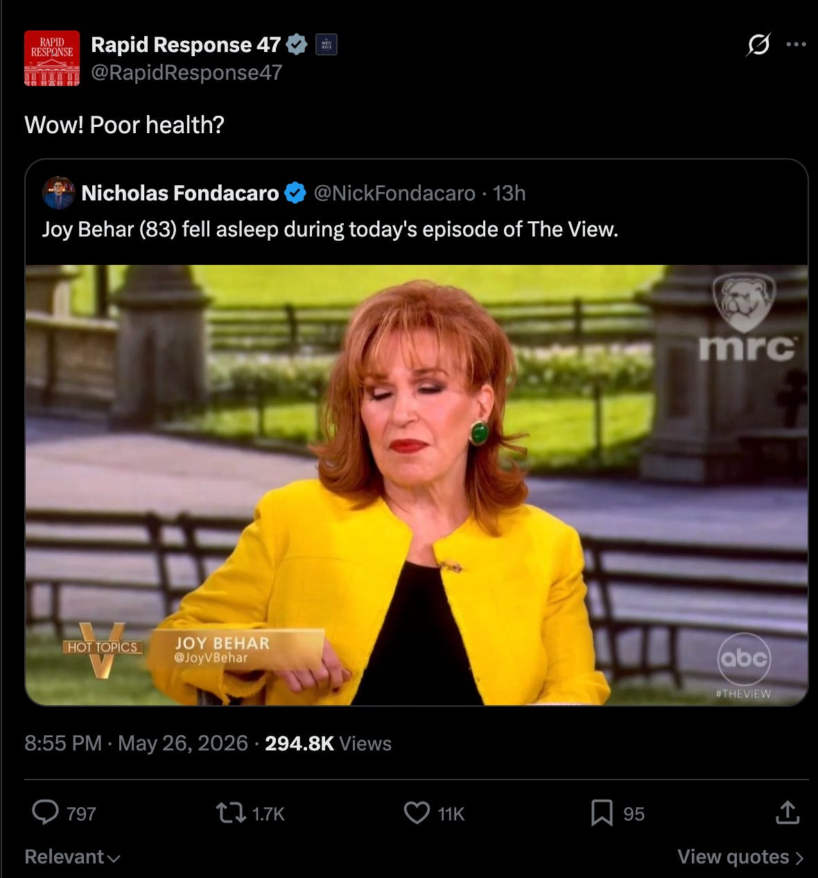 Rapid Response 47: Wow! Poor health? (retweet of MAGA pig's tweet about Joy Behar blinking) Rapid Response 47: Wow! Poor health? (retweet of MAGA pig's tweet about Joy Behar blinking)