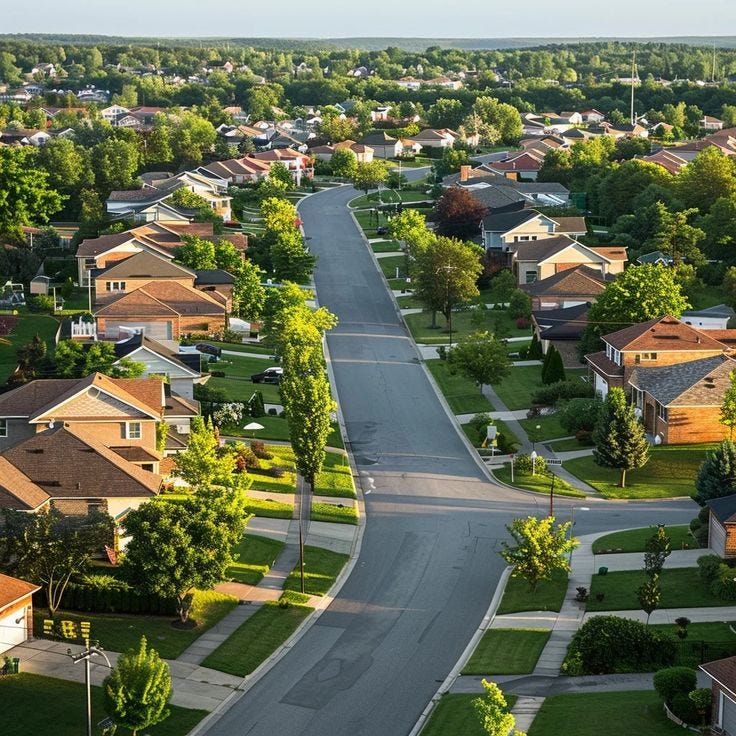 This may contain: an aerial view of a residential neighborhood with lots of trees and houses in the background