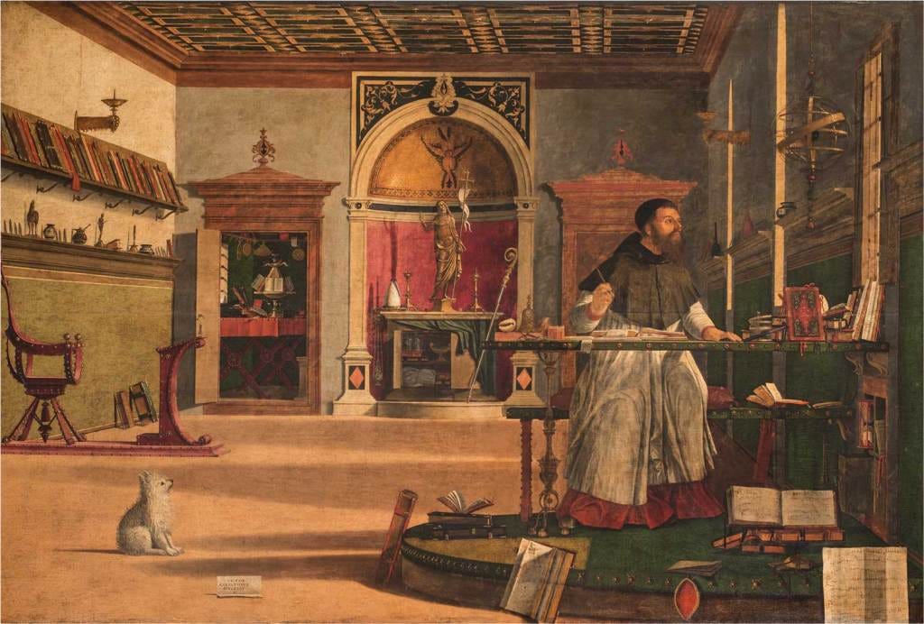 A man wearing a short brown cape over a white clerical robe sits at a desk and looks to our right at golden light pouring in through a window next to him. A small dog sits facing him on the floor to our left in a room lined with shelves holding books and several small objects. A man wearing a short brown cape over a white clerical robe sits at a desk and looks to our right at golden light pouring in through a window next to him. A small dog sits facing him on the floor to our left in a room lined with shelves holding books and several small objects.