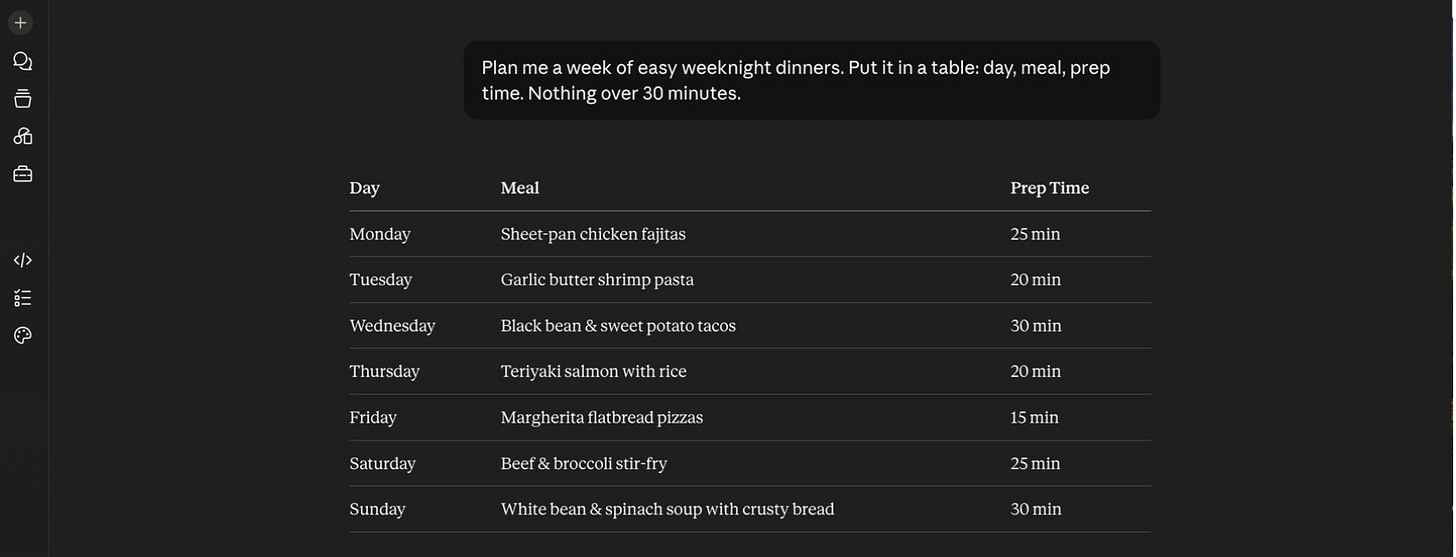 A prompt asking for a table of weeknight dinners, rendered as a clean table. A prompt asking for a table of weeknight dinners, rendered as a clean table.