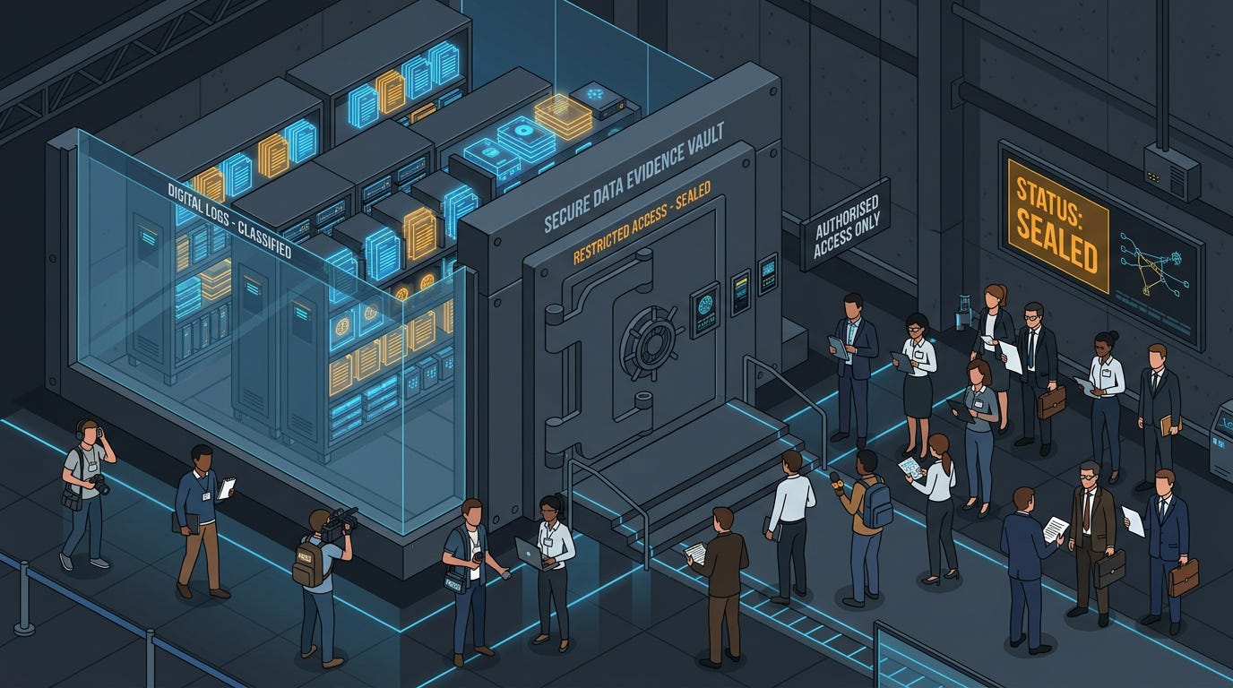 Flat isometric illustration of a giant sealed evidence vault with glowing digital logs stacked inside, journalists, researchers and lawyers gathered outside waiting for the door to open, dark charcoal background, clean vector art style, blue and amber color palette, modern technology governance editorial aesthetic Flat isometric illustration of a giant sealed evidence vault with glowing digital logs stacked inside, journalists, researchers and lawyers gathered outside waiting for the door to open, dark charcoal background, clean vector art style, blue and amber color palette, modern technology governance editorial aesthetic