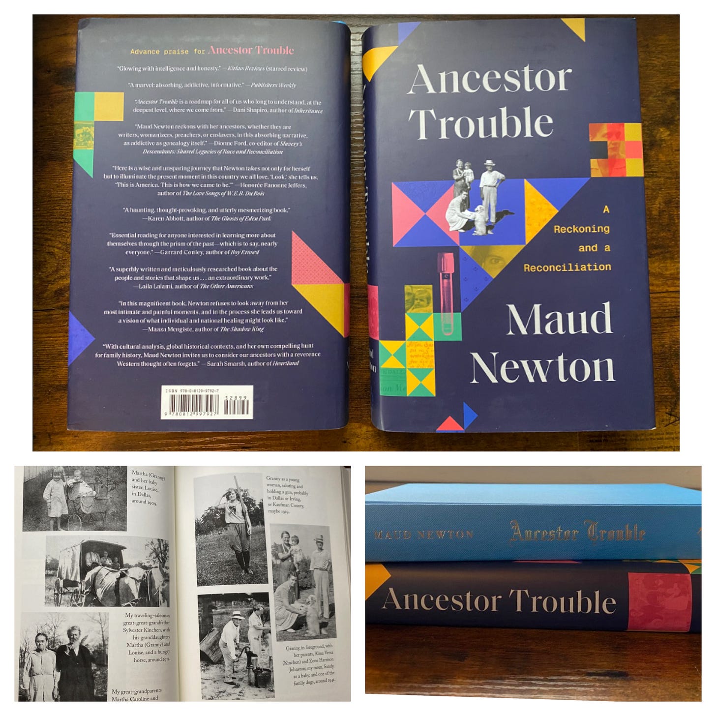 Image includes three photos, the top one is the front and back of the hardcover ANCESTOR TROUBLE, with the back cover including blurbs from authors. The one at right below includes the pale turquoise book spine, along with the spine with the cover over the book. The one at left below is of a photo insert of the author's maternal grandmother, maternal great-grandparents and great-great grandparents, and her grandmother sister in her youth.