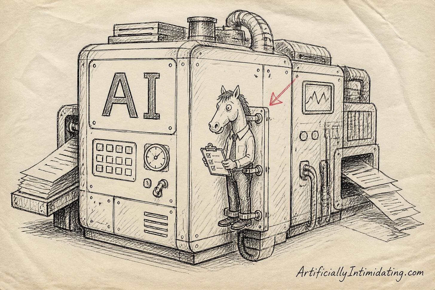 Editorial cartoon: an office worker with a horse's head bolted to a giant AI machine as a peripheral