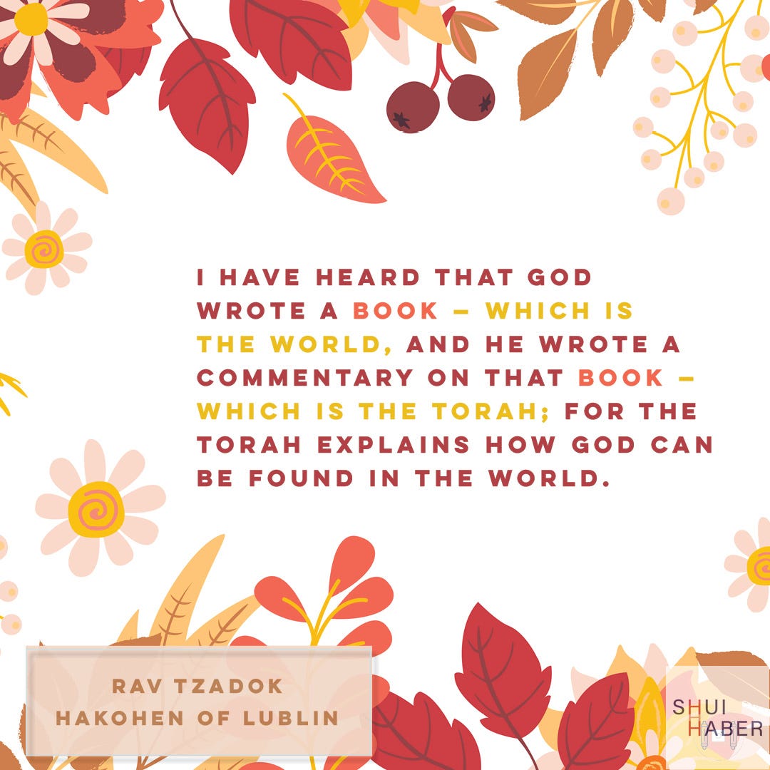 I have heard that God wrote a book – which is the world, and He wrote a commentary on that book – which is the Torah; for the Torah explains how God can be found in the world.  Rav Tzadok Hakohen of Lublin
