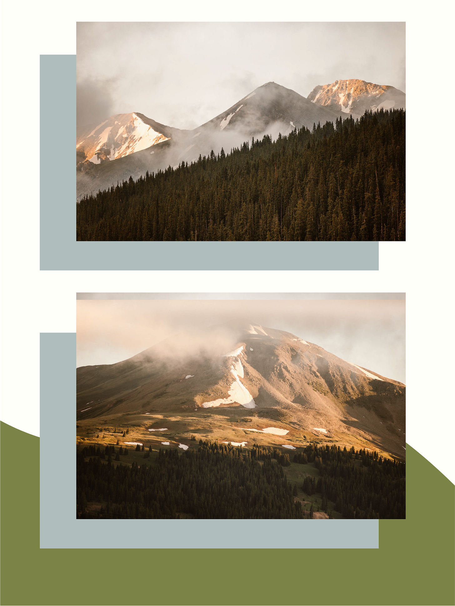 two images of mountains shrouded in clouds during golden hour
