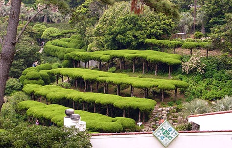 Various examples of topiary design, from ancient Rome to suburban California.