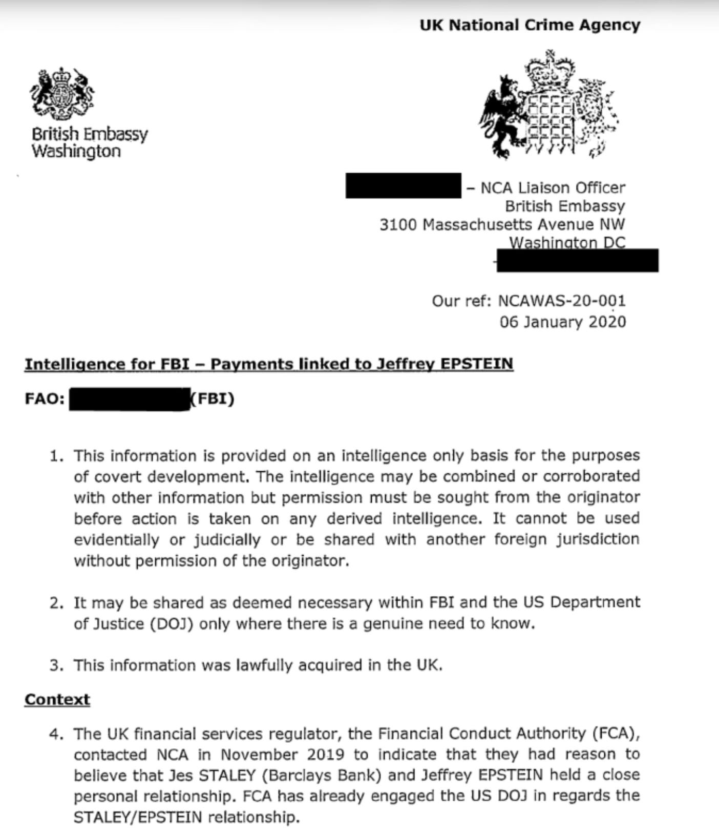 NCAWAS-20-001, transmitted from the British Embassy in Washington to the FBI on 6 January 2020. Released by the U.S. Department of Justice under the Epstein Files Transparency Act