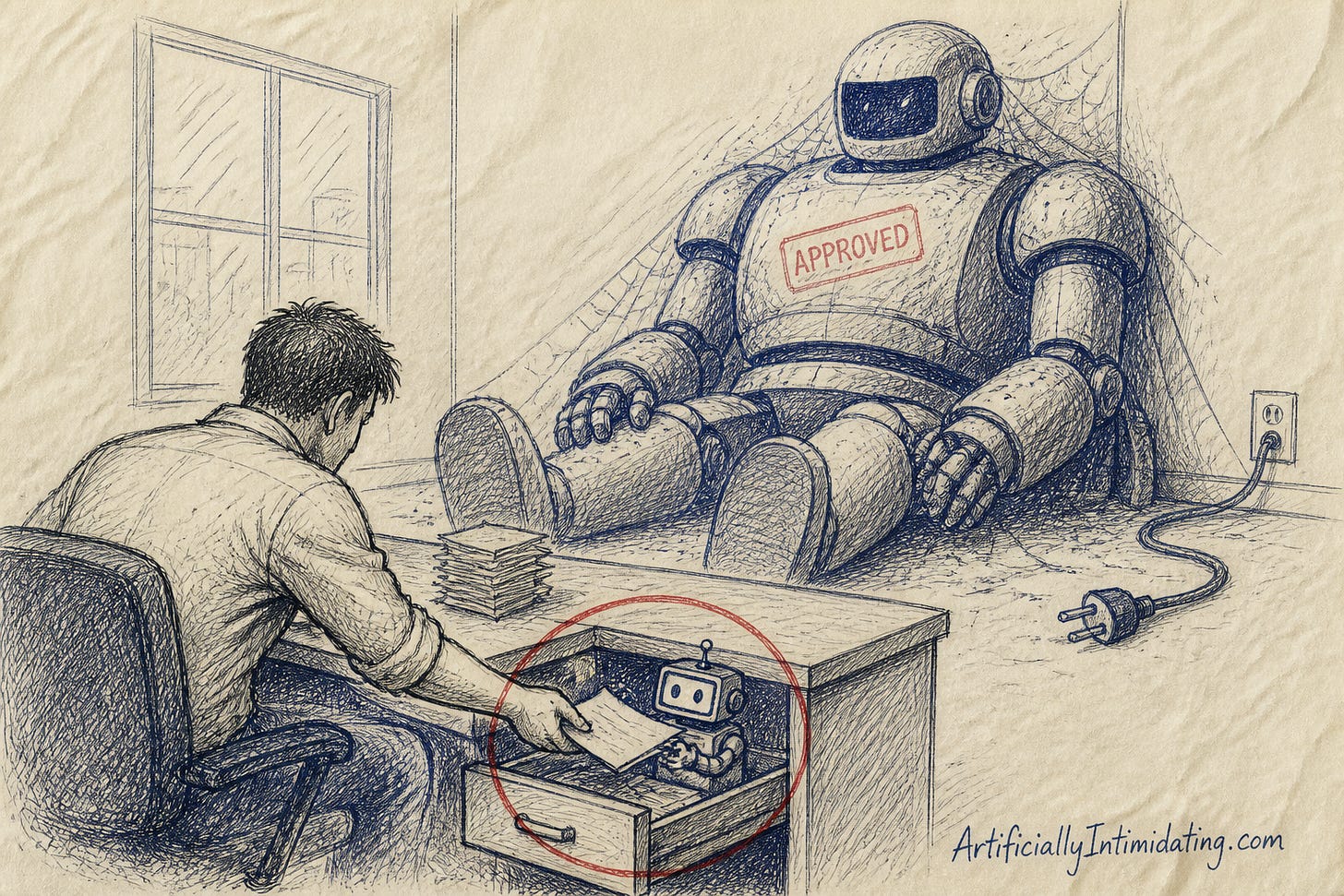A hand-drawn illustration of a huge dusty corporate robot with an APPROVED sticker sitting unplugged in an office corner, while a worker secretly hands papers to a tiny robot hidden in his desk drawer.