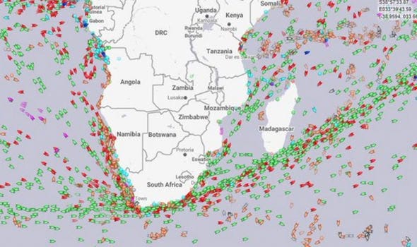 Live tracking maps showed scores of ships heading around South Africa Live tracking maps showed scores of ships heading around South Africa