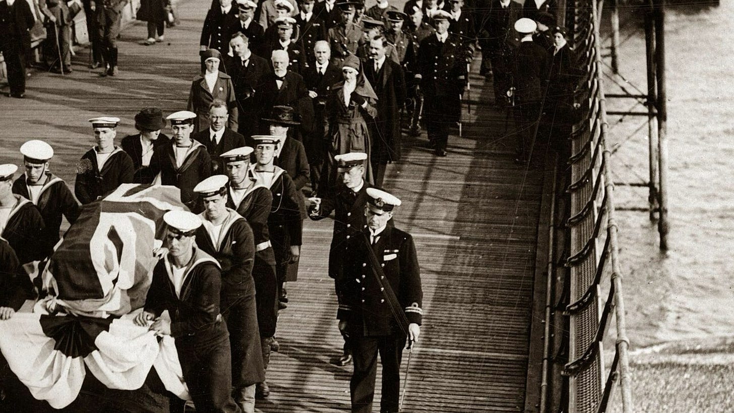 Edith Cavell's remains are returned to England in 1919 via Dover with full military honours. Edith Cavell's remains are returned to England in 1919 via Dover with full military honours.