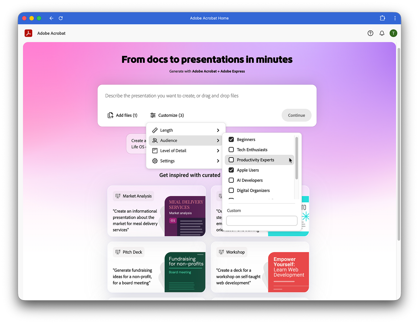Screenshot of Adobe Acrobat Home showing the “From docs to presentations in minutes” interface. A presentation creation panel is open with customization options, including length, audience, and level of detail. The Audience menu is expanded, showing selectable options such as Beginners, Tech Enthusiasts, Productivity Experts, Apple Users, and AI Developers.