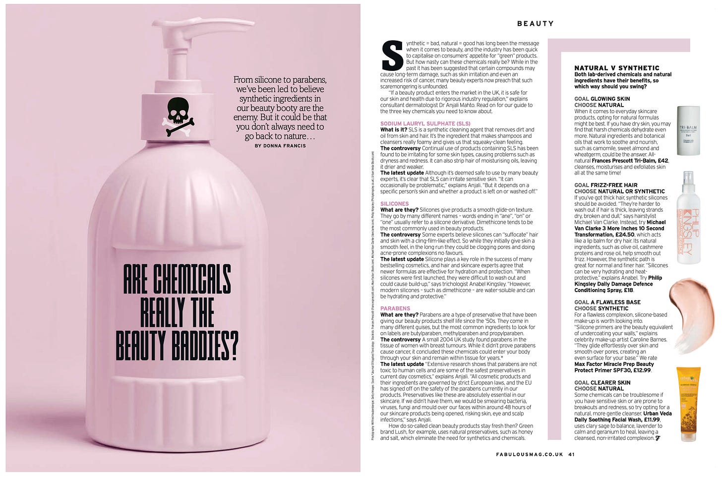 Tearsheet about chemicals in beauty products written by award-winning Beauty Editor Donna Francis The Sun's Fabulous Magazine Tearsheet about chemicals in beauty products written by award-winning Beauty Editor Donna Francis The Sun's Fabulous Magazine
