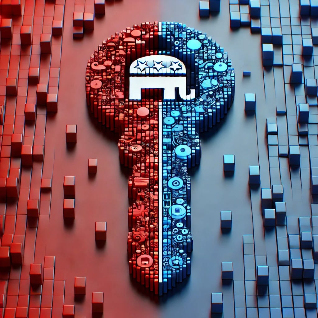 A digital key made up of small rectangles in red and blue colors, symbolizing Republican and Democrat voting districts. The key is set against a backdrop of a modern, digital aesthetic without any text or written words. The rectangles form a detailed, intricate pattern that resembles a mosaic, highlighting the diversity and complexity of voting districts.