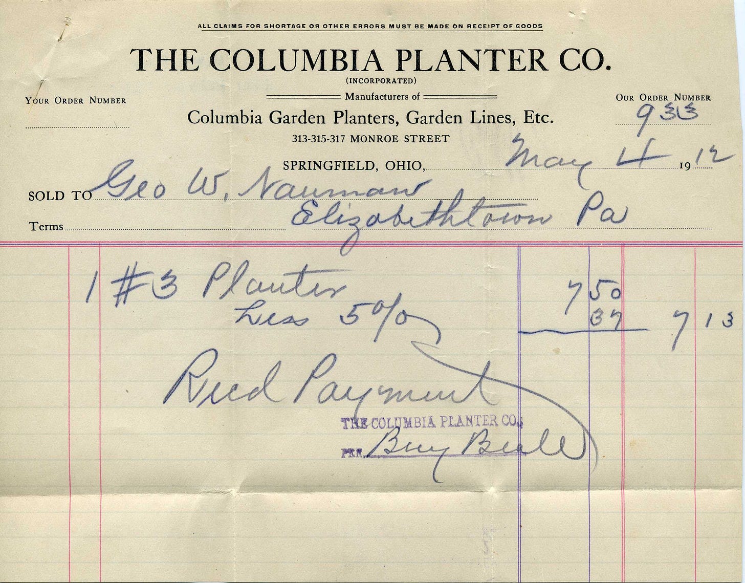 Receipt for Columbia Planter