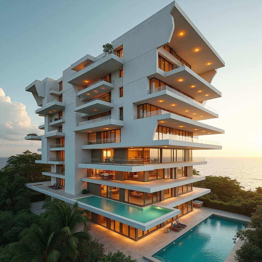 Modern 20-unit Jamaican apartment block in Ochi Rios, situated on a scenic beech coast, with a bold, futuristic design featuring numerous rectangular and square windows, expansive multi-level openings, and protruding balconies, set against a vibrant blue sky with puffy white clouds.