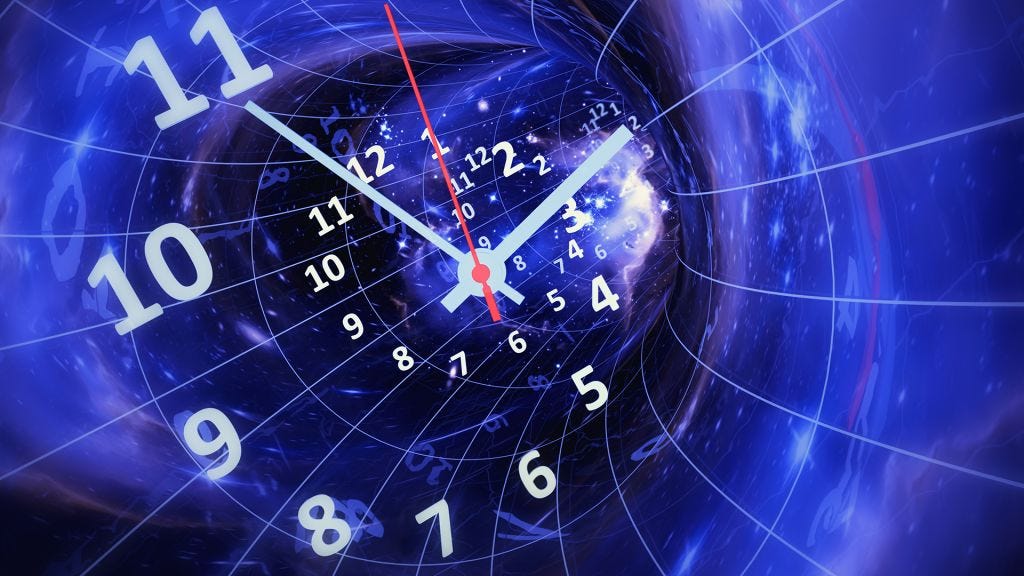 an abstract view of a wormhole with a clock overlaid