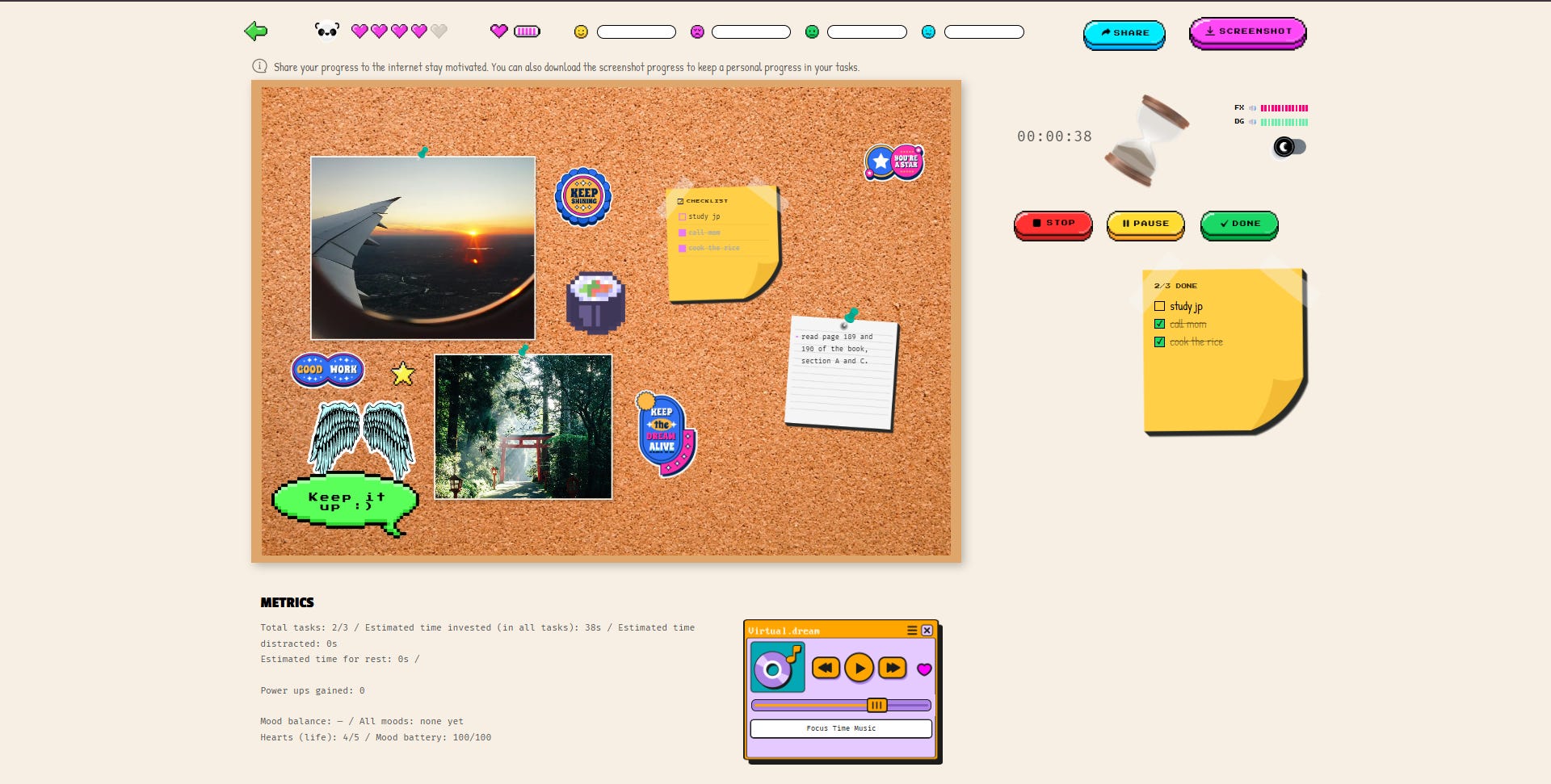 Segundo ejemplo de moodboard en FOCUS TIME con stickers, notas y una checklist de tareas