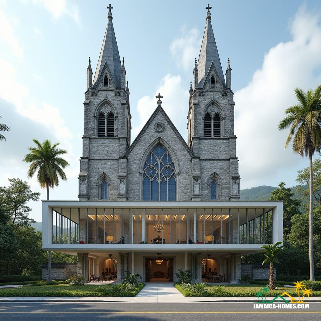 A striking Gothic-inspired church in Jamaica, Caribbean, with towering spires, pointed arches, and intricate stonework that reflect timeless architectural grandeur. Attached to this historic structure is a bold, modern extension featuring sleek glass walls, steel frames, and spacious, minimalist halls designed for community gatherings and youth activities. The dramatic contrast between the Gothic heritage and the contemporary design creates a visually captivating and functional space, blending the sacred with the innovative in a tropical island setting.