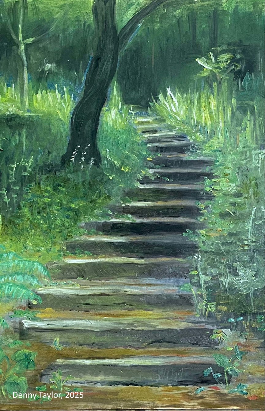 A painting of a stairway in a forest

AI-generated content may be incorrect.