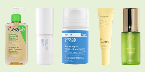 Flatlay image of some of Kaels favourite skincare products at the moment. Including CeraVe, Laneige, Paula's Choice, Dr Loretta & Tata Harper.